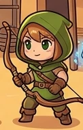 A chibi archer in a green hood drawing a bow