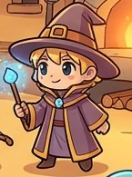 A chibi magician in a purple hat and robe with a glowing wand