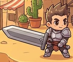 A chibi warrior in steel armour holding a greatsword